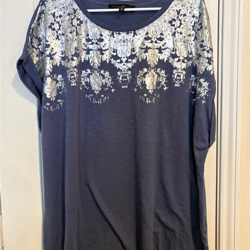 Blue Short Sleeve Tunic with Silver Foil Detail